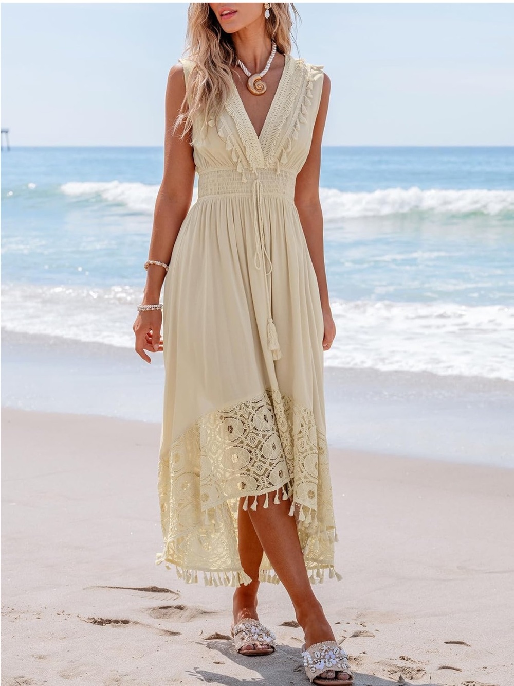 NWOT CUPSHE Cream Boho Lace Trim Sleeveless Maxi Dress